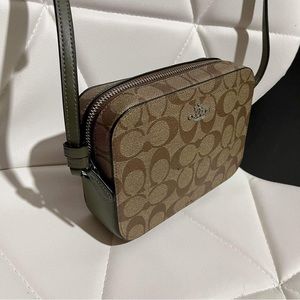 Coach Brown Signature Mini Shoulder Camera Bag PVC Canvas & Green Leather